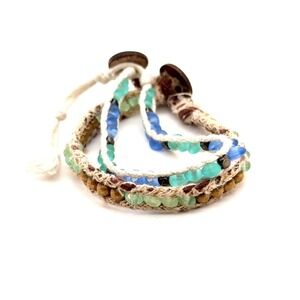Boho Beaded Wrap Bracelets Set Blue Teal Glass Beads Natural Cord Beachy Style